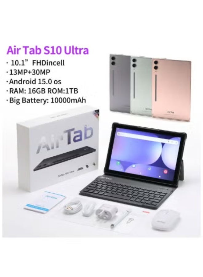 AIR TAB تابلت أندرويد S10 ألترا 5G واي فاي بشاشة 10.1 بوصة، 16 جيجابايت رام، 1 تيرابايت تخزين، بطارية 10000 مللي أمبير، كاميرا مزدوجة، فتح قفل بالوجه، لوحة مفاتيح عربية لاسلكية، تابلت عالي الأداء باللون الذهبي - Image 3